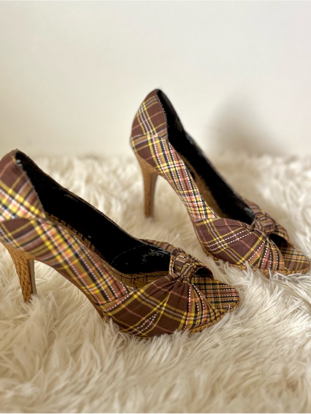 vintage anne michelle plaid peep toe heels